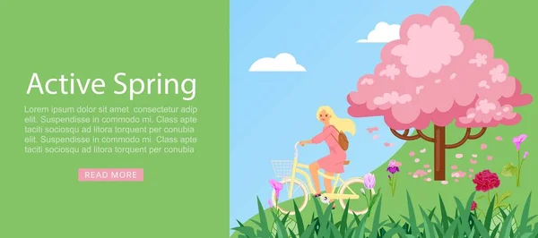 Active spring and lifestyle girl riding on bicycle and blooming trees vector illustration. — Stock Vector