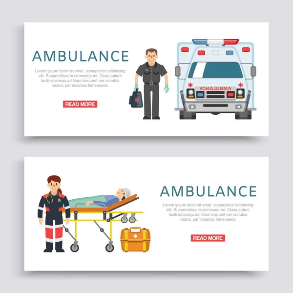 Ambulance, doctors paramedics emergency service with patient disease banners set vector illustration. — Stock Vector