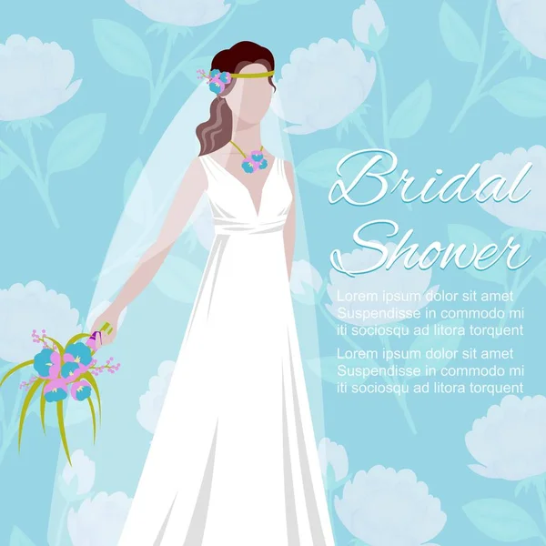 Schöne Braut hält einen Strauß für Hochzeitsplakat Cartoon Vektor Illustration. — Stockvektor