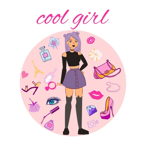 Cool meisje vector illustratie mode poster. Jong cool meisje met mode patch badges lippen, schoenen, oog, damestas, lippenstift. Trendy collectie. — Stockvector