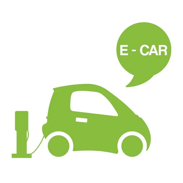 Zöld e-autó ökológiai elektromobil koncepció vektor illusztráció. Elektromos állomás akkumulátoros e-car auto elszigetelt fehér háttér poszter. — Stock Vector
