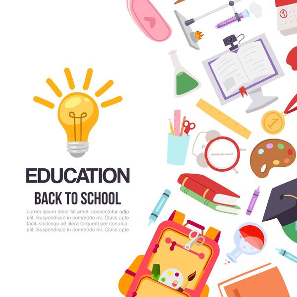 Childrens education and 1 september back to school vector illustration. Backpacks, pens, colors, computer, book education isolated on white background poster.