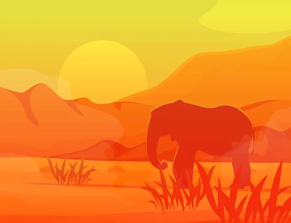 Savanna slon v Africe cestovat monochromatické vektorové ilutrace. Divoká opuštěná savana se siluetou slona na horách krajina pozadí pro cestování v divoké Africe. — Stockový vektor
