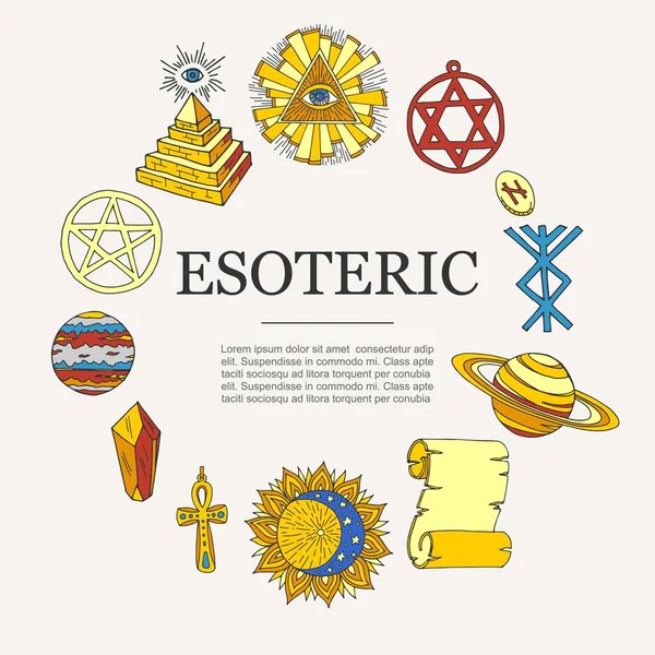 Ezoteryczne symbole i obiekty okultystyczne plakat, ilustracja wektor. Rękopis z kreskówek, oko w trójkącie, planety i przedmioty astrologiczne. Plakat z kółkiem esoterystycznym. — Wektor stockowy