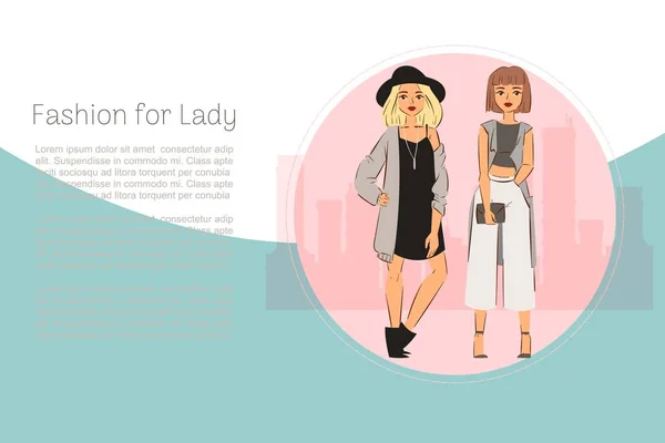 Mode voor dames vector illustratie. Yound dames in klassieke mode kleding, hoeden, schoenen, met tas. Trendy modieuze verzamelposter of webbanner. — Stockvector