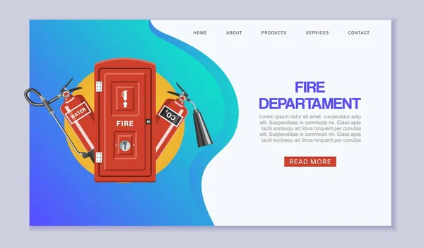 Vuurdienst web template vector illustratie. Cartoon brandweergereedschap set. Elementen van de website van de brandweer en de brandblusser. — Stockvector