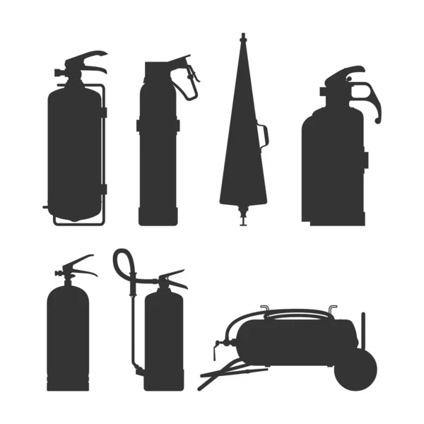 Feuerlöscher und Geräte Silhouette Vektor Illustration. Cartoon schwarz auf weiß Feuerwehrwerkzeug Set. Elemente der Brandersticker. — Stockvektor