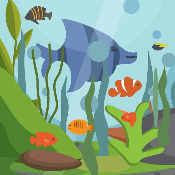 Paisaje marino submarino con exóticos peces vector ilustración telón de fondo. Plantas marinas, peces, burbujas azules de fondo de agua. Marítimo tropical sur natural . — Archivo Imágenes Vectoriales