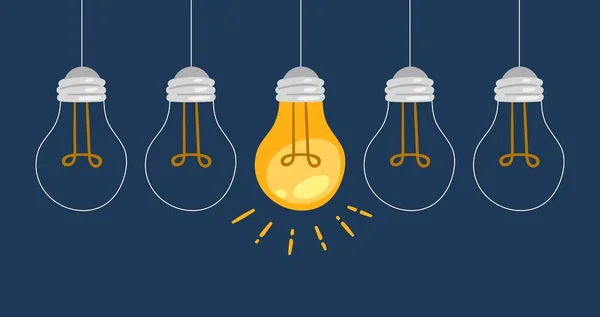 Light bulb, symbol of innovation and good ideas vector illustration. One lighted bulb among extinct. Generating ideas poster. Invention and solution cocept. — Stock Vector