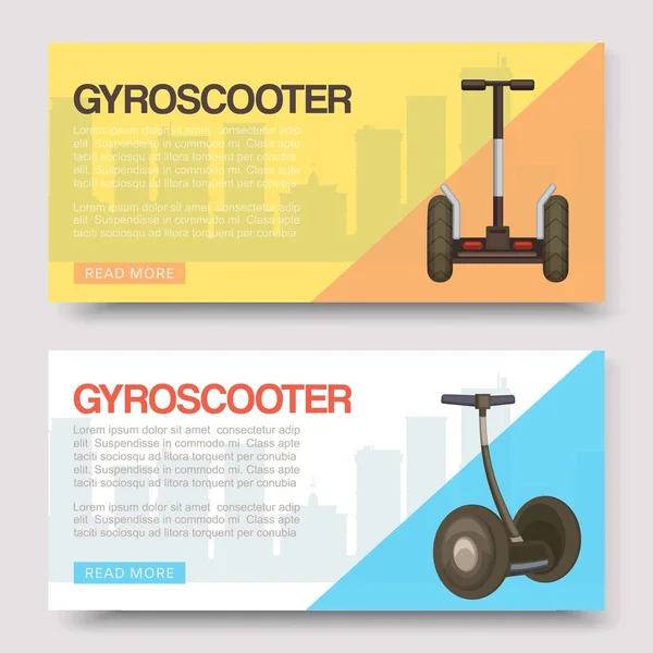 Gyroscooters voor stadsspandoeken set, vectorillustratie. Ecologisch vervoer en vrijetijdsbesteding zelfbalancerend mobiel vervoer. Gyroscooter op stadsgezicht achtergrond. — Stockvector