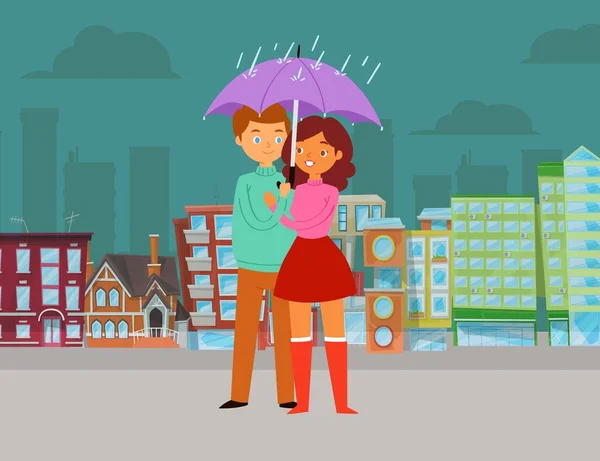 Amour sous la pluie Saint Valentin scène romantique. Couple jeune garçon et fille avec parapluie en ville dans la pluie illustration vectorielle de dessin animé — Image vectorielle