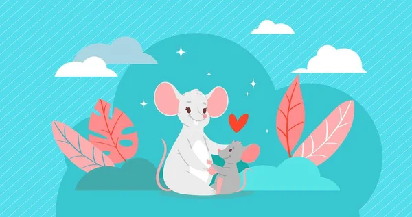 Feliz Dia das Mães cartão de amor com o mouse mãe segurando seu filho bebê rato desenhos animados animais ilustração vetorial . — Vetor de Stock