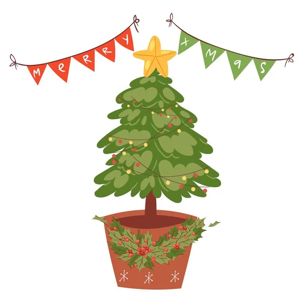 Árvore de Natal decorada com estrela, luzes, bolas de decoração e guirlandas de lâmpadas isoladas em ilustração vetorial de desenhos animados brancos . — Vetor de Stock