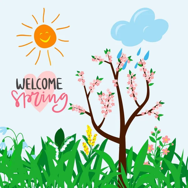 Willkommenstext für die warme Jahreszeit Postkarte, Einladung, Flyer, Banner mit blühendem Baum, grüne Graswolke und Sonne, Vektorillustration. — Stockvektor