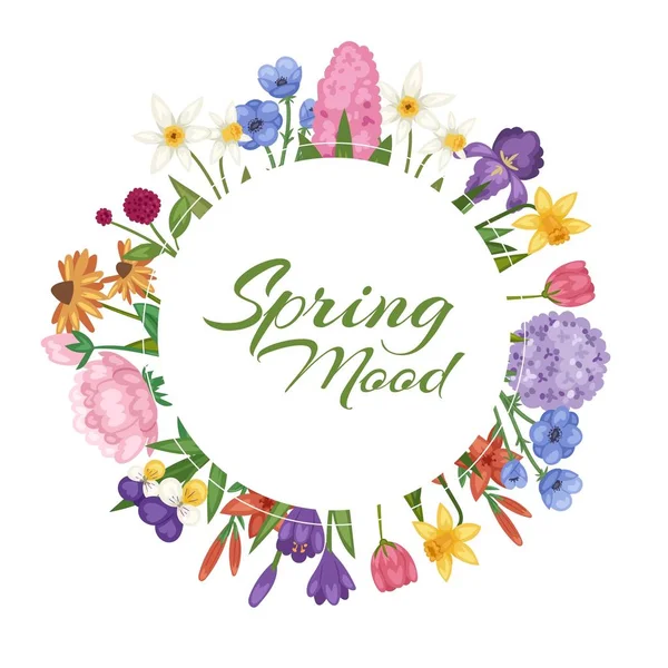 Tavaszi hangulat tavaszi virágok, virágkártya kerti virágok botanikai koszorú vektor illusztráció. — Stock Vector