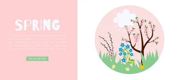 Primavera rosa web banner para estação quente com árvore florescente, grama verde, ilustração vetor nuvem . — Vetor de Stock