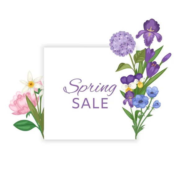 Banner de venta de primavera con flores y diseño de banner de descuento de temporada con flores ilustración vector de dibujos animados . — Vector de stock