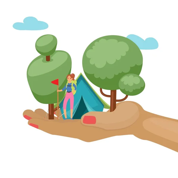 Camping, aventura tiempo vector ilustración con mujer turística en el bosque y tienda de campaña . — Vector de stock