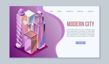 Web pankartı çizimi için gökdelenlerin mimarisi ile modern şehir izometrik görüntüsü. Kentsel morden şehri izometri web sitesi.