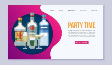 Şarap şişeleri ve şampanya bardaklarıyla parti zamanı, neşeli web vektör şablonu. Şirket kutlama etkinliği web sitesi parti adı ile.