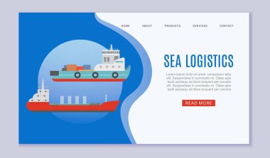 Deniz lojistik kargo gemisi web vektör şablonu çizimi. Dolu konteynır gemisiyle deniz taşımacılığı. Küresel kargo taşımacılığı deniz lojistik web sitesi.