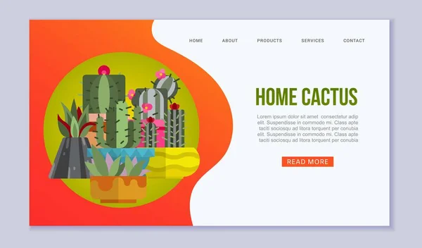 Cactus, vetstoffen en planten in potten web vector template. Cartoon illustratie met aloë vera, cactus en cactussen voor thuis jungles winkel webpagina. — Stockvector