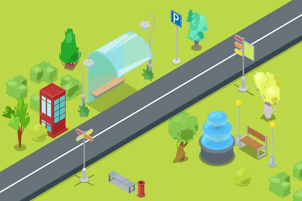 Αστικό πάρκο και δρόμο ισομετρική άποψη για αναψυχή και υπαίθρια αναψυχής για οικογενειακή διανυσματική απεικόνιση. Πράσινο, δέντρα, σιντριβάνι και τηλεφωνικός θάλαμος, σταθμός λεωφορείων ισομετρική. — Διανυσματικό Αρχείο