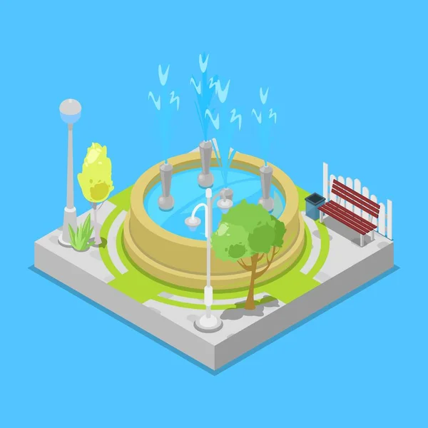 Stedelijk park en fontein isometrische element voor vrije tijd en recreatie buiten voor familie vector illustratie. Groen, bomen, fontein en bank isometrische. — Stockvector