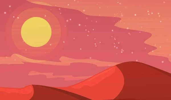 Mars planet futuristic landscape with mountains in deserted area vector illustration. Starry sky and red sandy deserted dunes on Mars landscape. Panorama. Background. — Stock Vector