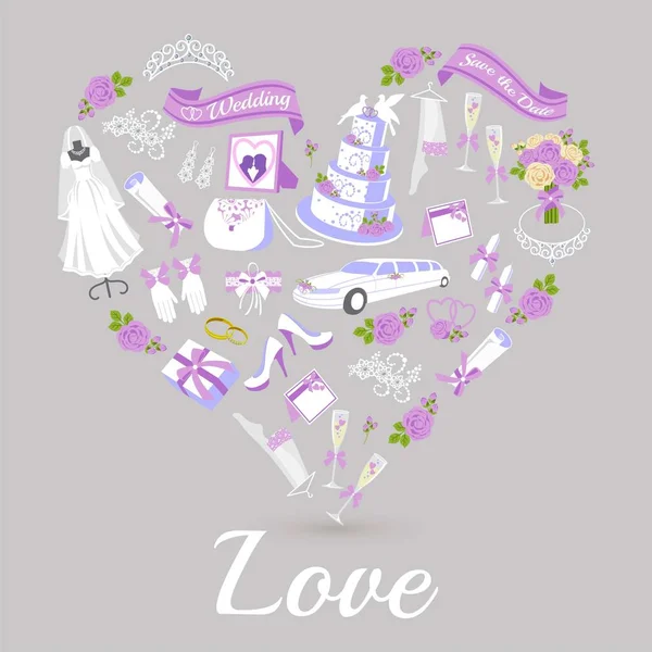 Set of wedding cartoon objects, symbols and items in heart form composition, vector illustration. Wedding car, dress, rings and cake, bridal bouquet with love letters. — Stock Vector