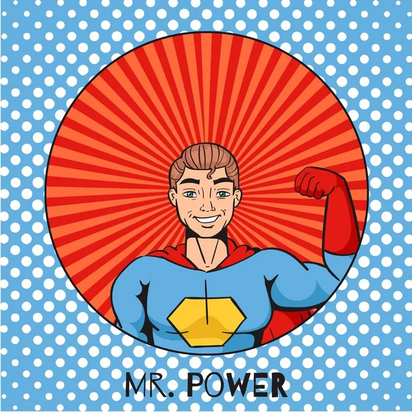Figur des Cartoon-Superhelden mit Macht-Geste auf Pop-Art-Hintergrundvektorillustration. Popart-Comic-Illustration. Superheld sagt meine Macht. — Stockvektor