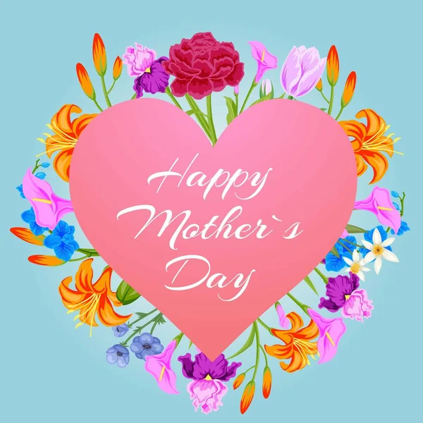 Feliz día de las madres con flores corazón rosa con peopy, lirio, rosas y margaritas ilustración vector tarjeta floral . — Vector de stock