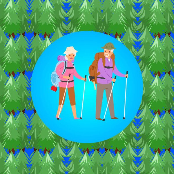 Happy senior couple traveling together in forest hiking with backpack in summer cartoon vector illustration.