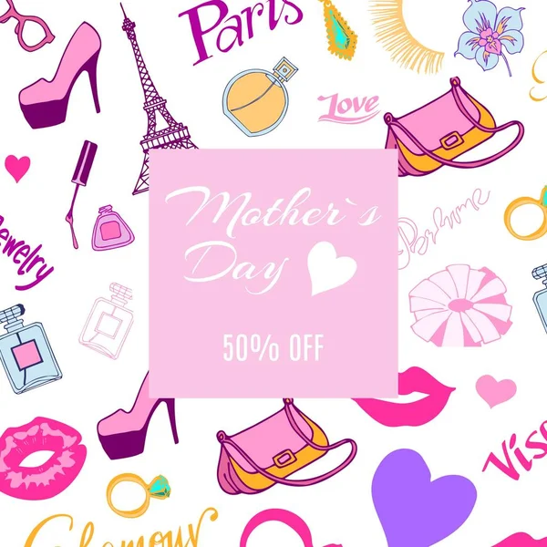 Banner de descuento para el día de las madres con ilustración de vectores de patrón de colección de moda femenina. Cartel cuadrado para la venta del día de las madres con bolsos, zapatos, joyas, fondo de perfume . — Vector de stock