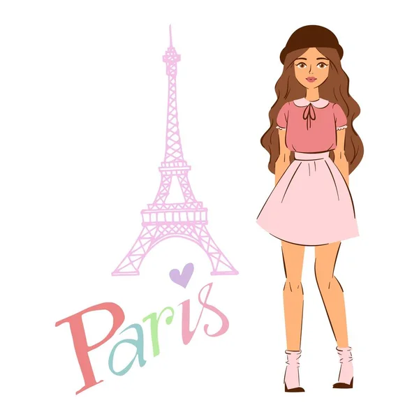 Paris e menina em panos de moda em frente à Torre Eiffel ilustração dos desenhos animados vetoriais. Amo-te Paris. Menina de compras em Paris isolado em elementos brancos . — Vetor de Stock