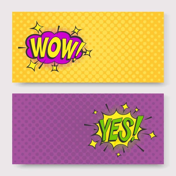 Wow en ja pop art vector cartoon illustratie banners set. Opschrift stripverhaal zeepbel in pop art stijl op burst en vintage gestippelde achtergrond. — Stockvector