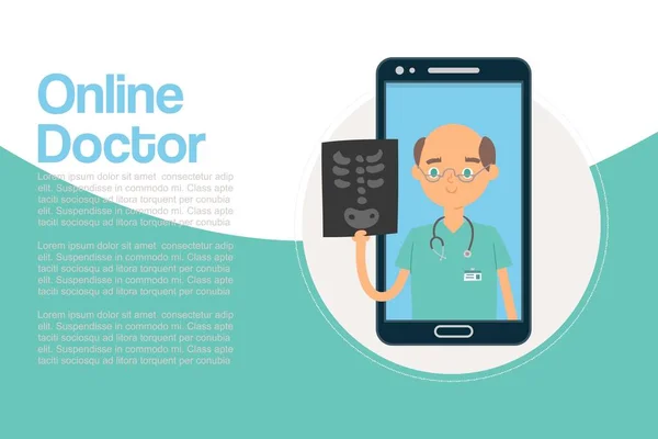 Medico online cura medica vettoriale illustrazione cartone animato. Smartphone con medico di guardia in possesso di immagine scheletro a raggi X e una consultazione online . — Vettoriale Stock