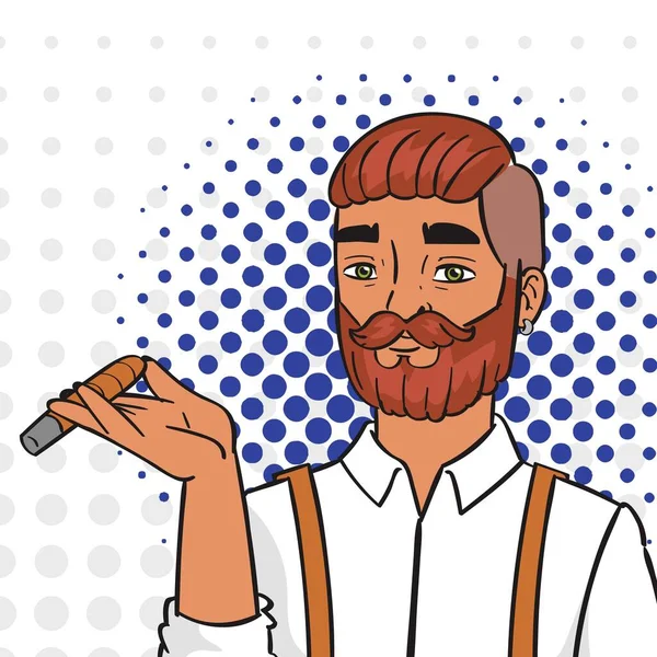 Homem de arte pop fumando charuto ilustração vetor cômico. Satisfação Homem cômico pop art agradável com barba. Pessoas comércio bem sucedido e bom trabalhador . —  Vetores de Stock