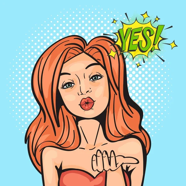 Sexy Comic-Blondine Pop-Art-Mädchen mit langen Haaren sagt ja Vektor-Illustration. Hintergrund im Comic-Retro-Pop-Art-Stil. Poster oder Banner mit Pop-Art-Mädchen stimmt zu. — Stockvektor