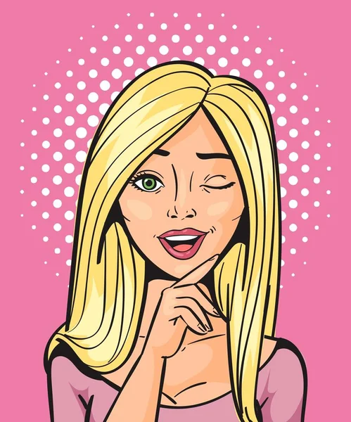 Sexy mujer rubia cómic pop art brillar con un ojo vector ilustración. Antecedentes en estilo de arte pop retro cómico. Pop art mujer sonriendo y parpadeando pancarta . — Archivo Imágenes Vectoriales