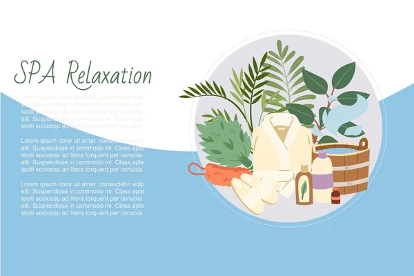 Spa détente et sauna santé détente, accessoires de bain illustration vectorielle. Procédures de relaxation sauna. Sceaux, balais, savons, plantes et linges de bain pour spa . — Image vectorielle