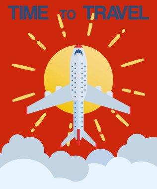 Seyahat ve uçuş rezervasyon zamanı retro poster illüstrasyonu. Tatil için internet uçak rezervasyonunda online seyahat rezervasyonu.