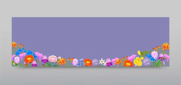 Primavera flores fundo com peopy, lírio, rosas e margaridas de verão floral bandeira vetor ilustração . — Vetor de Stock