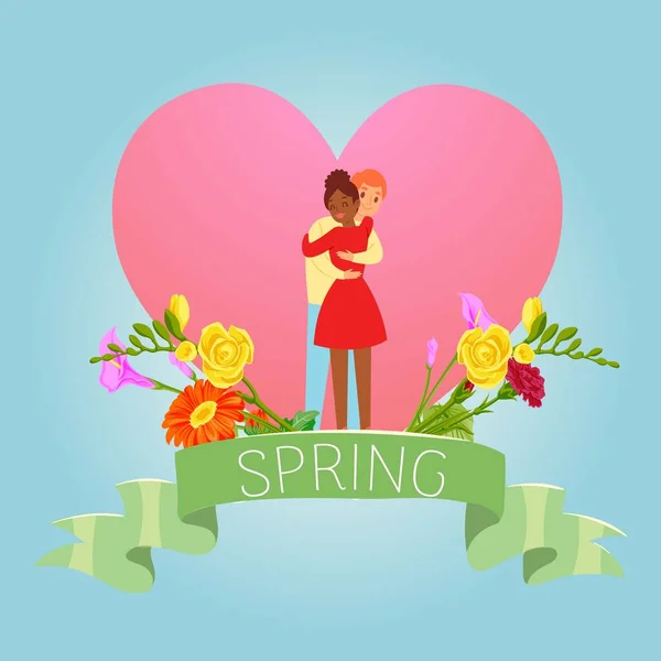 Láska, jaro, Valentýn se dvěma zamilovanými pod láskou srdce s květinami v jarní sezóně vektorové ilustrace. — Stockový vektor