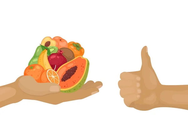 手拿水果和手拿着大拇指为素食主义者的病媒图解.水果在一把。健康食品、饮食、素食、维生素和自然概念. — 图库矢量图片