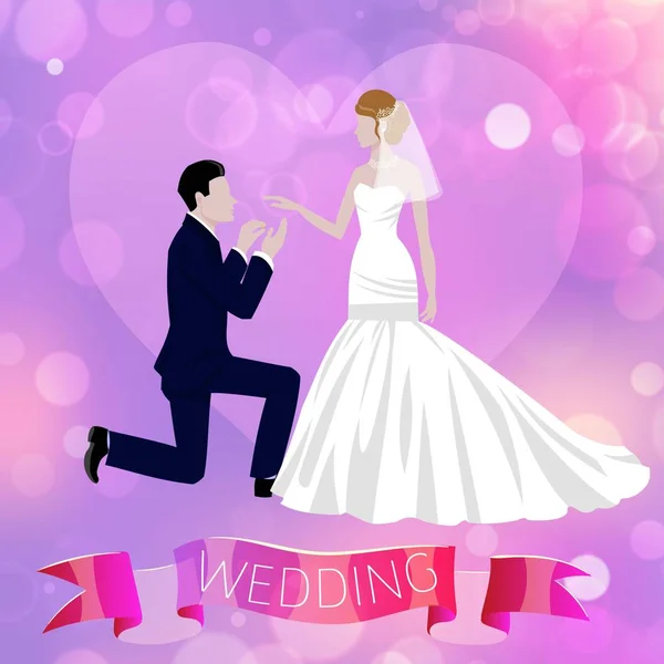 Svatební pár novomanželé nevěsta a ženich s stuhou a rozmazané pozadí kreslený vektor ilustrace. — Stockový vektor