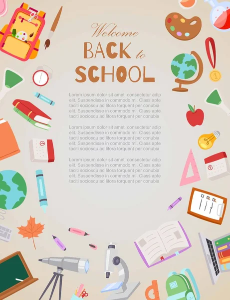 Welcome Back To School Vector Cartoon Illustration Schoolchildren Poster And Objects For School Backpack Globe Sneakers Microscope Textbooks Alarm Clock Notepad Stock Images Page Everypixel