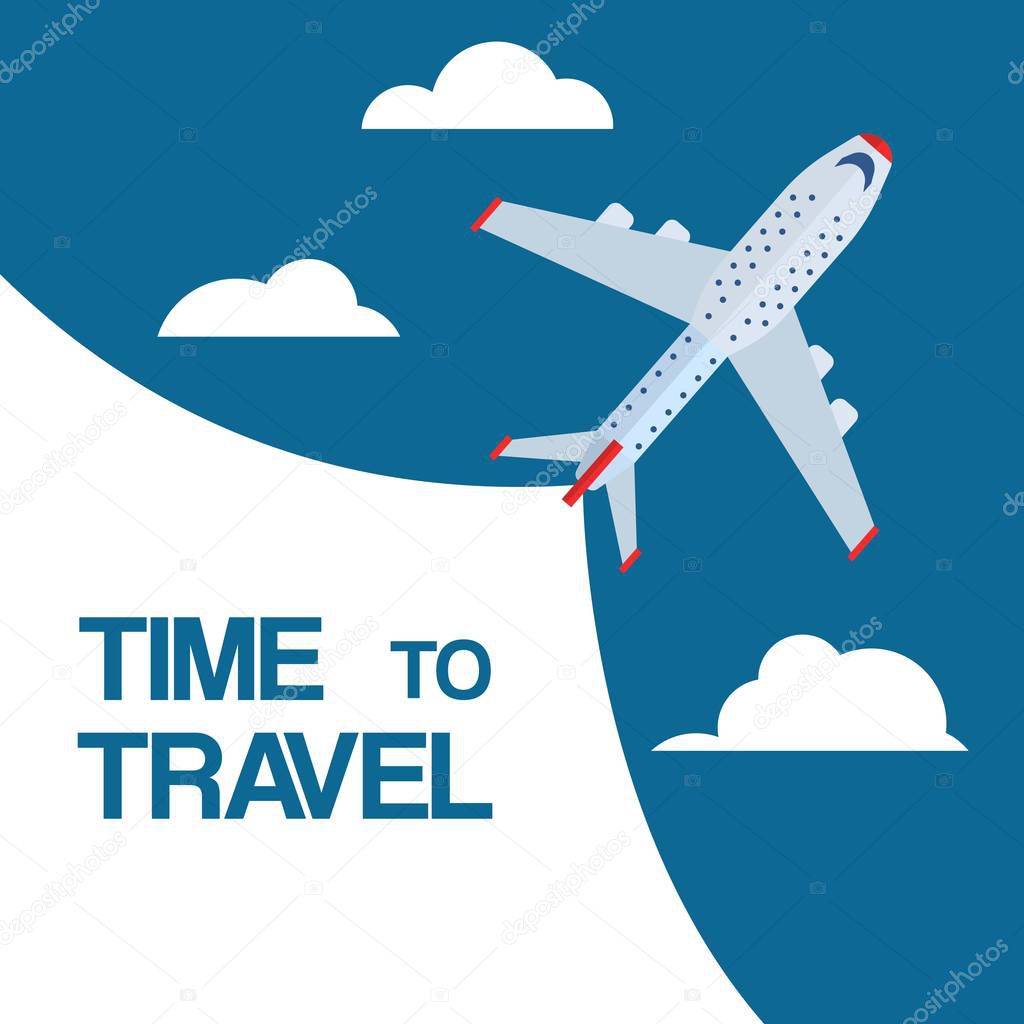 Time to travel and flight booking vector illustration. Online budget travel booking in internet plane flight reservation for vacation holiday.