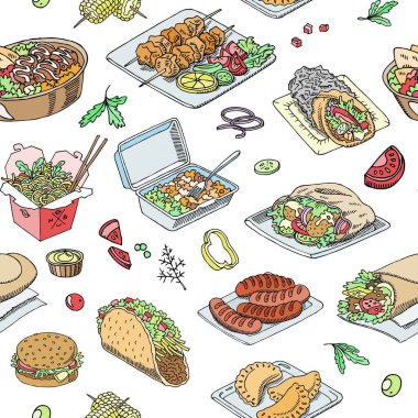 Sokak ve fast food, abur cubur fırın burger, sosisli sandviç, patates kızartması, simit, çörek oymalı vektör çizimi.