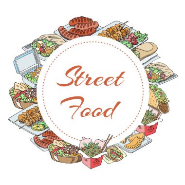 Sokak yemekleri afişi, abur cubur hamburgeri, sosisli sandviç, patates kızartması, simit, daire şeklindeki vektör illüstrasyonuna işlenmiş çörek..